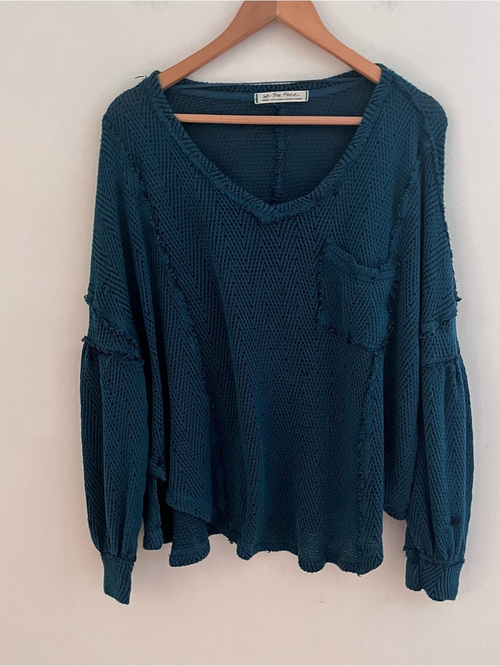 We The Free Deep V-Neck Teal Top Size Medium Free People Hacci Knit